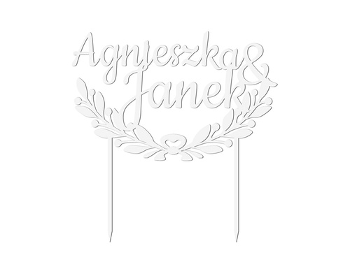 Topper z pleksi biały na tort personalizowany na wesele - 17 cm