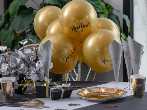 Balony lateksowe Happy New Year złote - 30 cm - 6 szt.