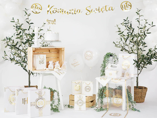 Balony lateksowe ze złotym napisem Komunia Święta - 30 cm - 5 szt.