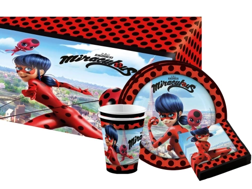 Zestaw kubeczki, talerzyki i serwetki papierowe + obrus na urodziny Miraculum - 37 szt.