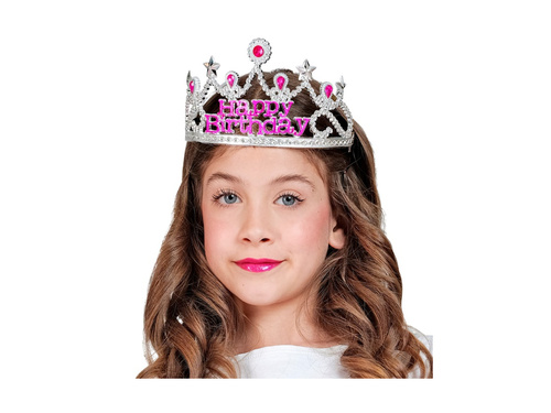 Srebrna tiara Happy Birthday z różowymi klejnotami