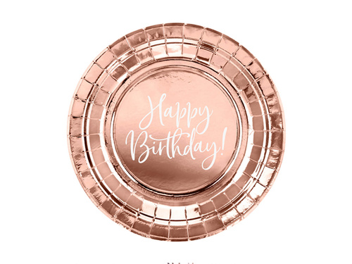Talerzyki papierowe na urodziny Happy Birthday różowe złoto - 18 cm - 6 szt.