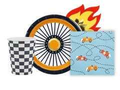 Zestaw kubeczki + talerzyki + serwetki papierowe z motywem Aut wyścigowych - 36 szt.