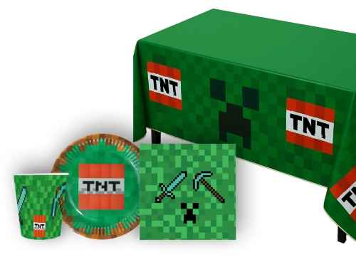 Zestaw obrus, kubeczki, serwetki i talerzyki papierowe Piksele - 45 szt.