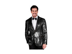 Imprezowa marynarka Party Fashion - czarna cekinowa z satynowym kołnierzem i kieszeniami