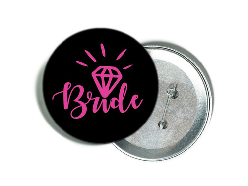 Przypinka czarna z różowym napisem Bride i diamentem
