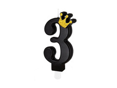 Świeczka cyferka trzy czarna z koroną - 3 - 1 szt.
