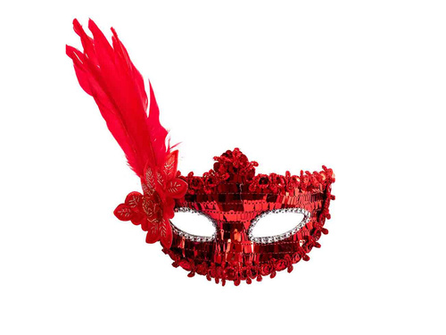 Maska karnawałowa czerwona z cekinami i piórami