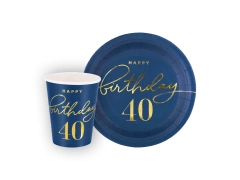 Zestaw kubeczki + talerzyki papierowe na 40ste urodziny granatowe - 12 szt.