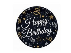 Talerzyki papierowe na urodziny Happy Birthday czarne - 18 cm - 6 szt.
