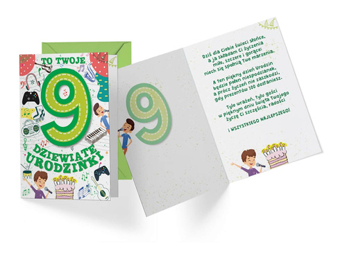 Kartka urodzinowa z kopertą na dziewiąte urodziny Muzyka - 1 szt.