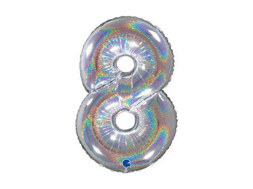 Balon foliowy cyfra 8 brokatowy holograficzny srebrny - 26" - 1 szt.