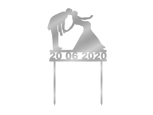 Topper z lustrzanej pleksi srebrny na tort Młoda Para - 13 cm