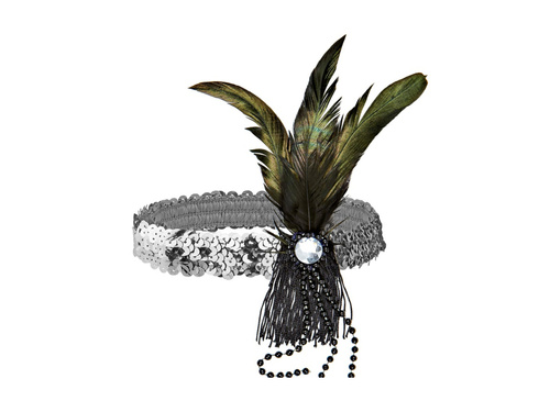 Srebrna cekinowa opaska z piórem i perłami