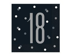 Serwetki urodzinowe czarne na osiemnaste urodziny - 33 cm - 16 szt.