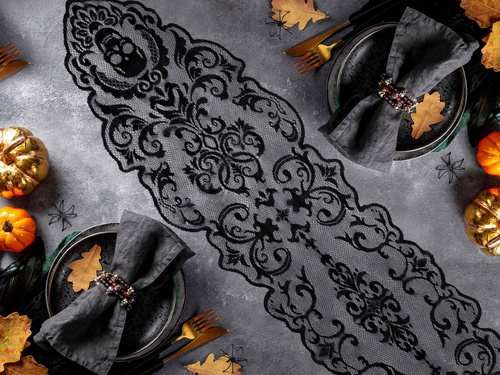 Bieżnik halloweenowy Czaszki czarny - 35 x 180 cm - 1 szt.
