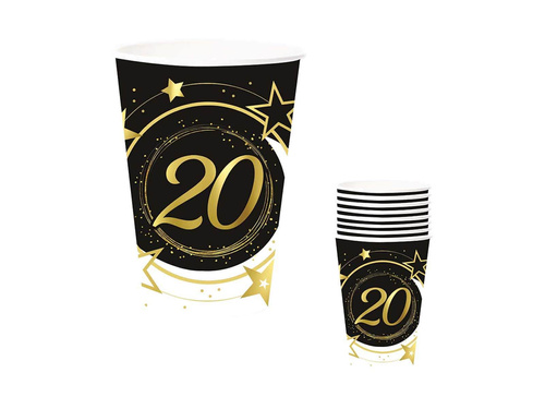 Kubeczki papierowe na dwudzieste urodziny czarne - 240 ml - 6 szt.