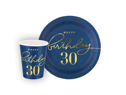 Zestaw kubeczki + talerzyki papierowe na 30ste urodziny granatowe - 12 szt.
