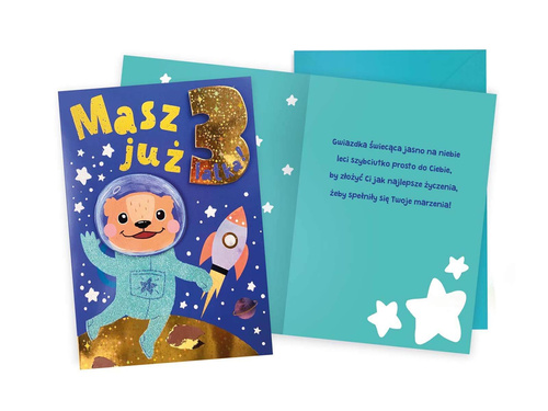 Kartka urodzinowa z kopertą na trzecie urodziny Kosmos
