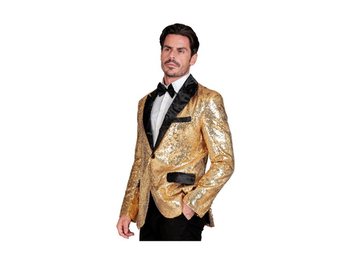 Imprezowa marynarka Party Fashion - złota cekinowa z satynowym kołnierzem i kieszeniami