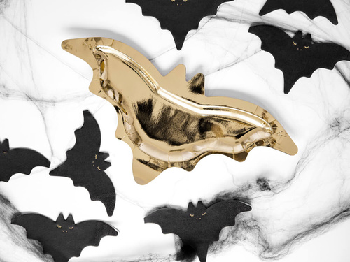 Talerzyki papierowe halloweenowe Nietoperz złote - 37,5 cm - 6 szt.