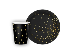 Zestaw kubeczki + talerzyki papierowe czarne w złote kropki - 12 szt.