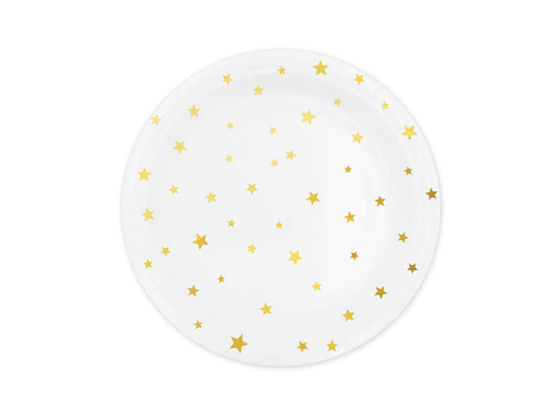 Zestaw kubeczki + talerzyki papierowe białe w złote gwiazdki - 12 szt.