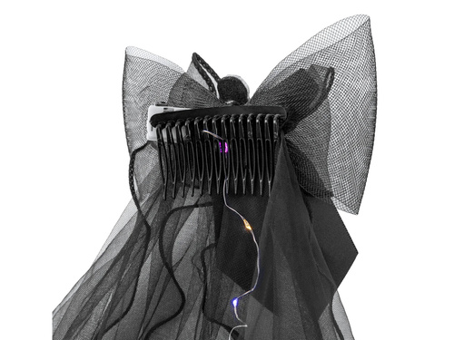 Czarny welon z kokardą i dynią oraz lampkami LED - 1 szt.