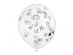 Balony przezroczyste ze srebrnym konfetti Gwiazdki - 30 cm - 6 szt.