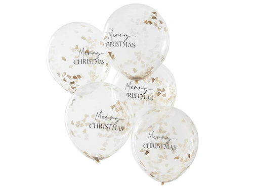 Balony przezroczyste ze złotym konfetti Merry Christmas - 30 cm - 5 szt.
