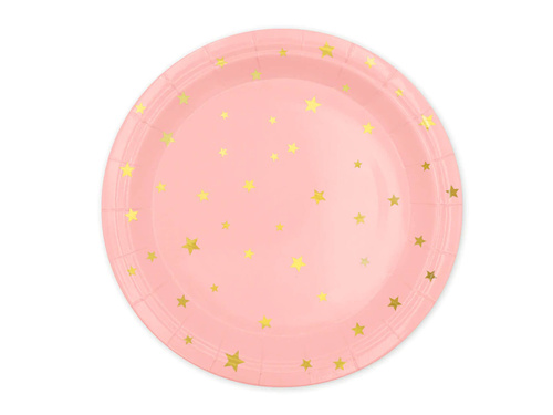 Talerzyki papierowe różowe w złote gwiazdki - 23 cm - 6 szt.