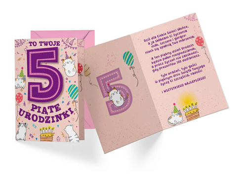 Kartka urodzinowa z kopertą na piąte urodziny Kotki - 1 szt.