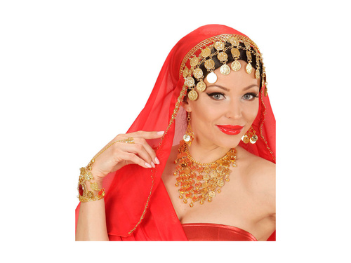 Złota bransoletka z monetami i pierścionkiem z gemem