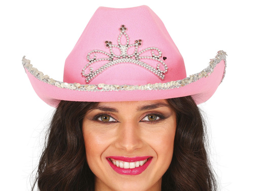 Kapelusz kowbojski różowy z tiarą - 1 szt.