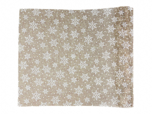 Dekoracja bieżnik na stół jutowy Śnieżynki - 2,5 m - 1 szt.