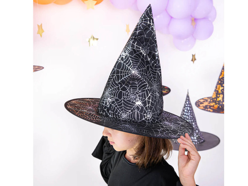 Kapelusz czarownicy ze srebrną pajęczyną na Halloween - 1 szt.