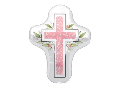 Balon foliowy Krzyż z listkami - różowy - 58 x 71 cm - 1 szt.