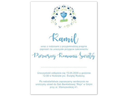 Zaproszenia personalizowane na I Komunię Świętą - Błękitny Kielich - 8 szt.