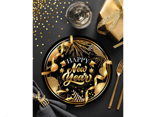 Talerzyki papierowe na Sylwestra Nowy Rok Happy New Year czarne - 23 cm - 6 szt.