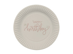 Talerzyki papierowe na urodziny beżowe Happy Birthday - 23 cm - 8 szt.
