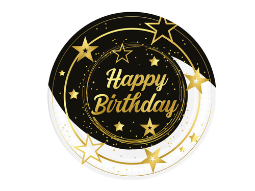 Talerzyki papierowe na urodziny Happy Birthday czarne - 23 cm - 6 szt.