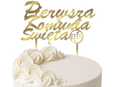 Topper z lustrzanej pleksi złoty na tort Pierwsza Komunia Święta