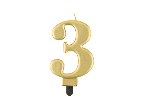 Świeczka cyferka metaliczna złota - 3 - trzy