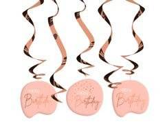 Dekoracja wisząca świderki Happy Birthday różowe złoto - 5 szt.