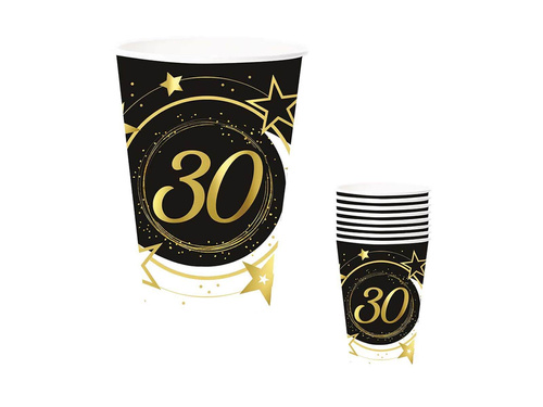 Kubeczki papierowe na trzydzieste urodziny czarne - 240 ml - 6 szt.