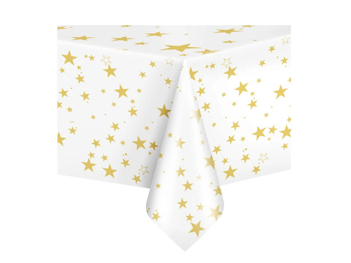 Obrus urodzinowy biały w złote gwiazdki - 137 x 274 cm - 1 szt.