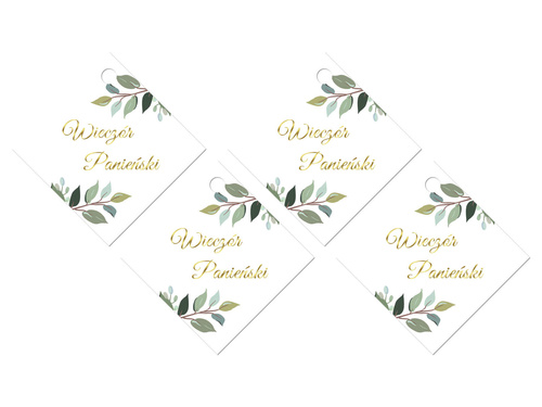 Zawieszki na butelki z wstążeczką na wieczór panieński z zielonymi listkami białe - 12 szt.