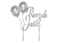 Topper z lustrzanej pleksi srebrny na tort Baloniki - personalizowany