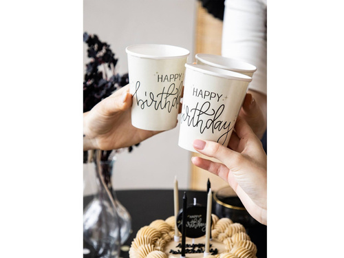 Kubeczki papierowe Happy Birthday beżowe - 250 ml - 8 szt.