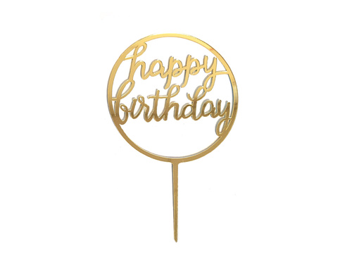 Topper z pleksi na tort Happy Birthday złoty - 1 szt.